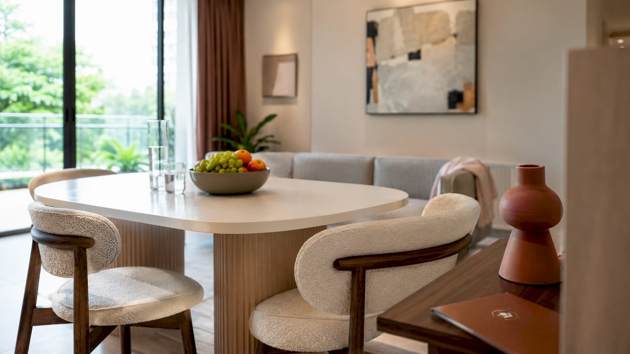Staged dining set and sofa in condo interior