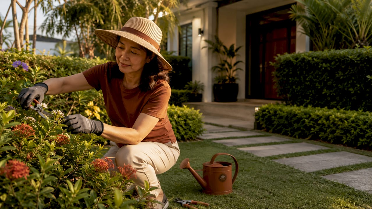 Gardener trimming hedges at landed home's front yard