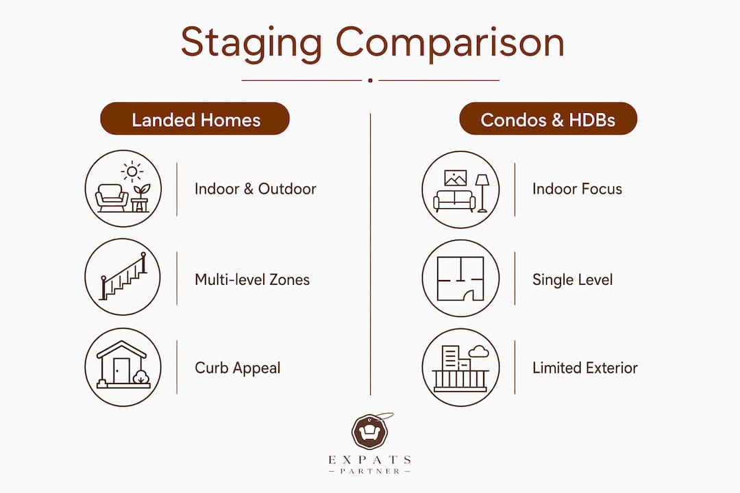 Infographic comparing staging for landed homes and condos