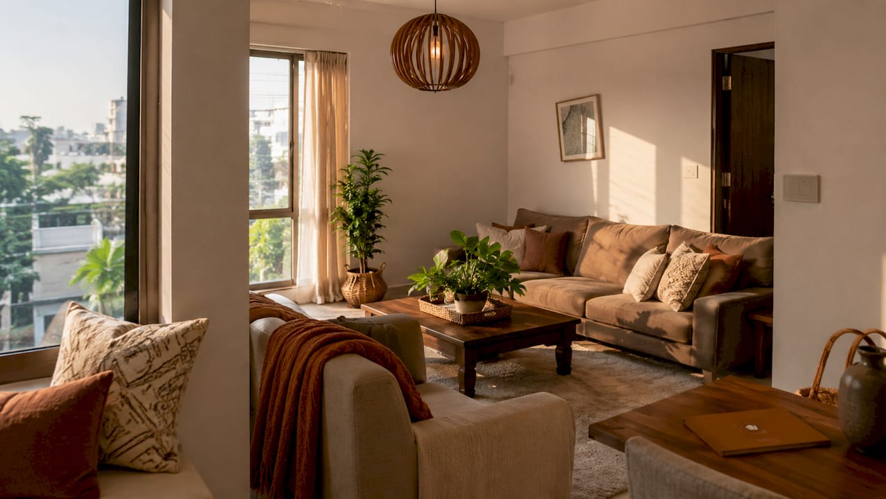 Beautifully staged living room from entrance