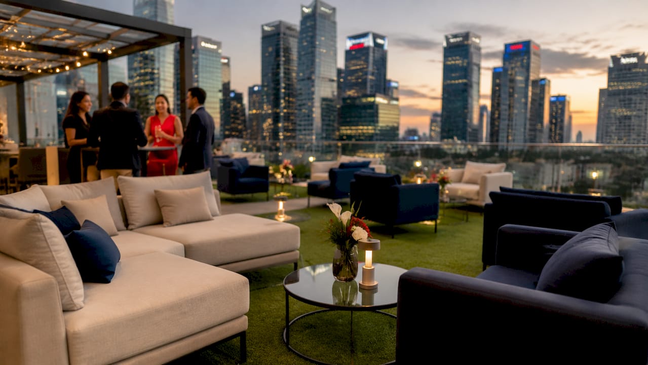 Lounge seating zone with rental furniture in convention centre