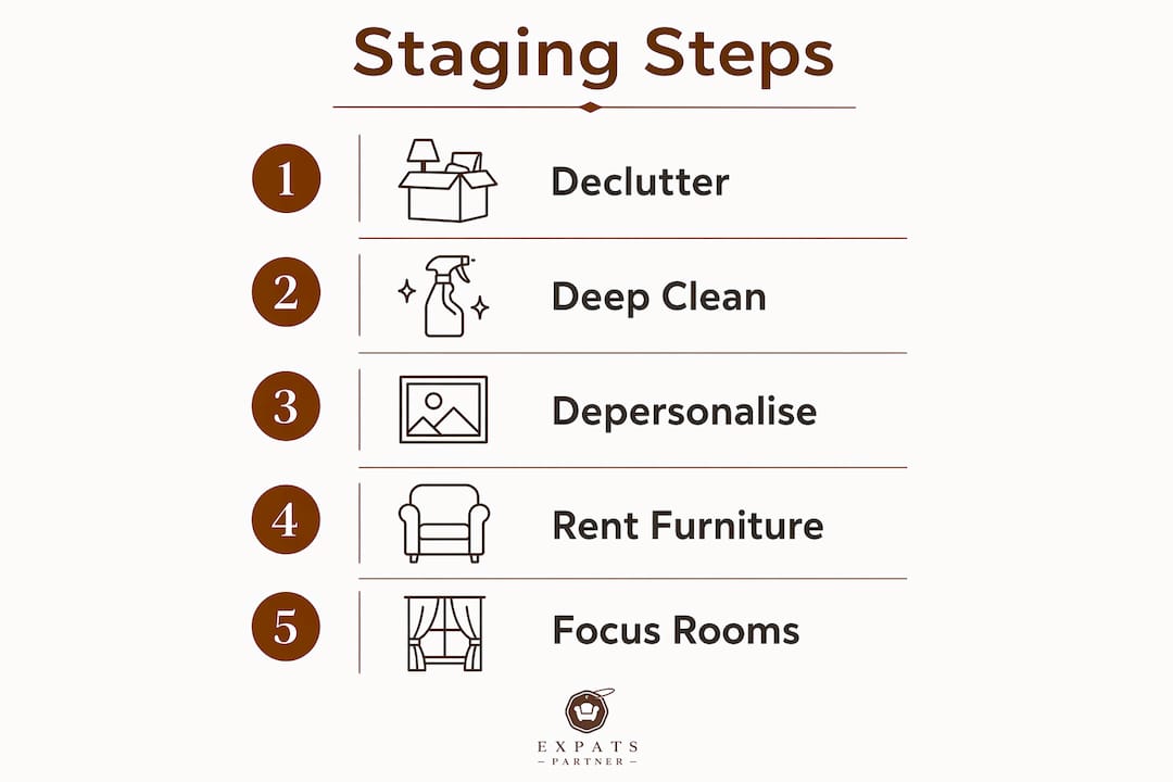 Vertical flow infographic showing five key staging steps