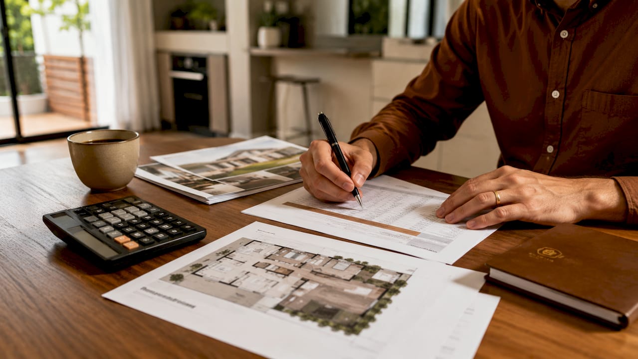 Hands reviewing home pricing documents at landed home table