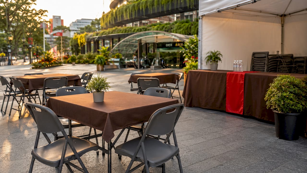 Empty arranged outdoor furniture at Orchard Road pop-up venue