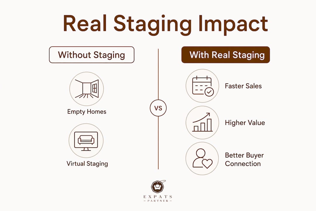 Infographic comparing real staging benefits with empty and virtual staging