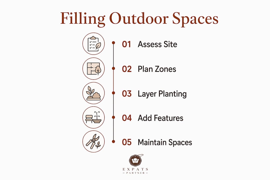 Infographic outlining steps to fill outdoor spaces in landed property