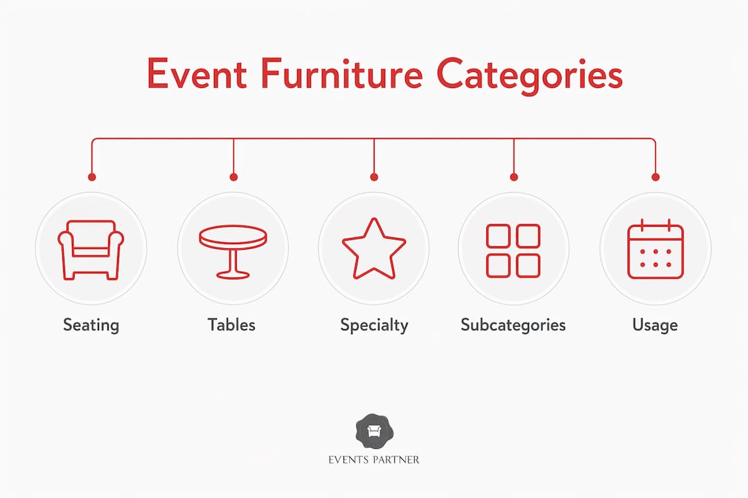 Infographic illustrating main event furniture categories hierarchy
