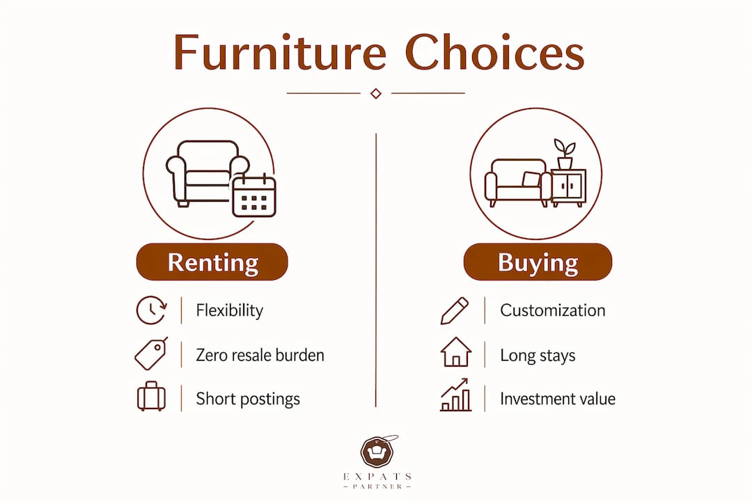 Infographic comparing furniture rental and buying for expats