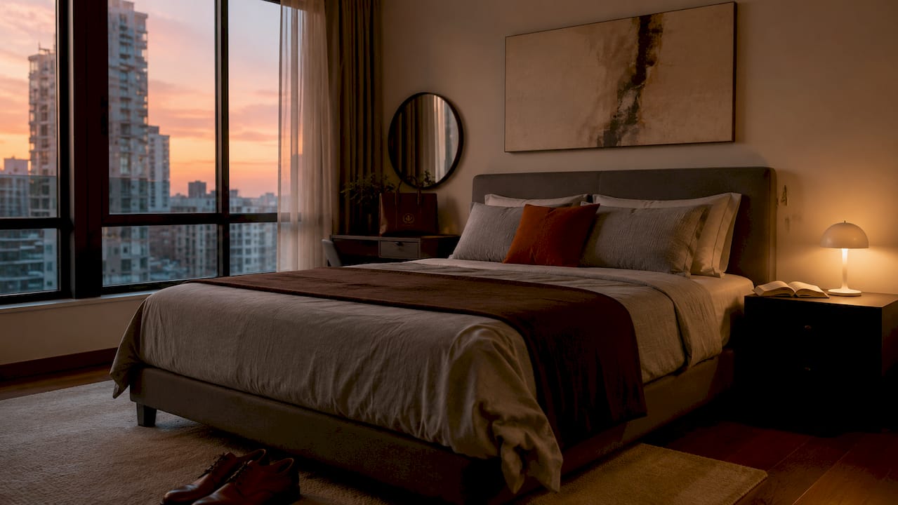 Singapore staged master bedroom with neutral tones and soft light