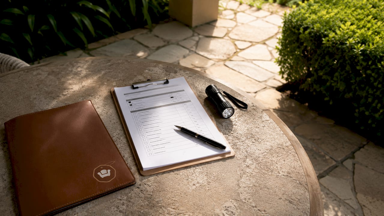 Inspection checklist and torch on table in Singapore home