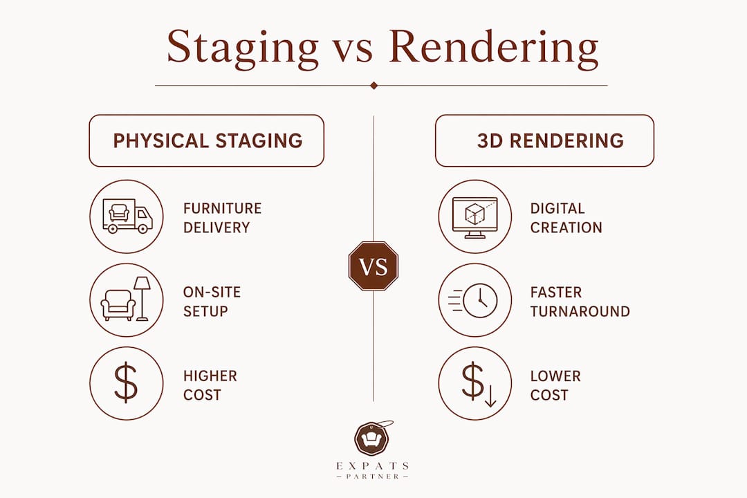 Infographic comparing physical staging and 3D rendering characteristics