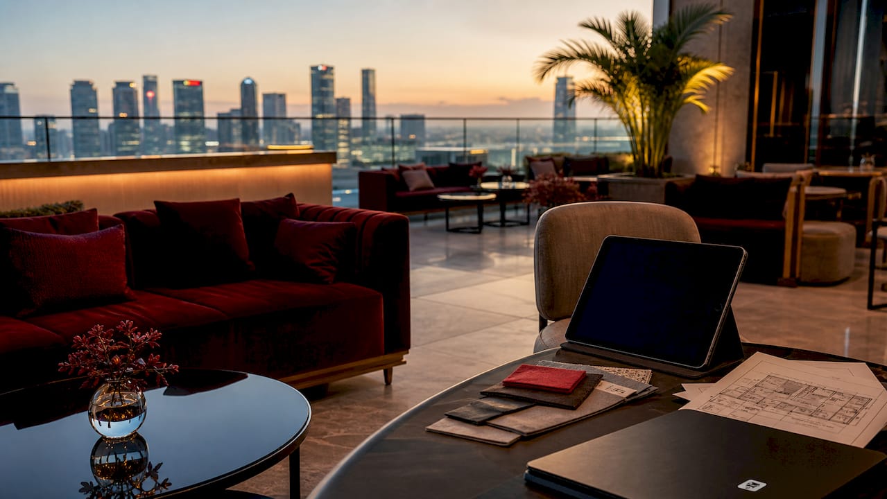 Hotel ballroom lounge with sofas and fabric samples
