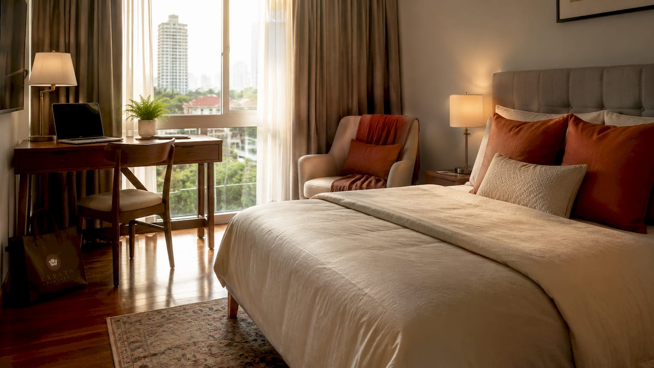Well-styled bedroom in Singapore rental home