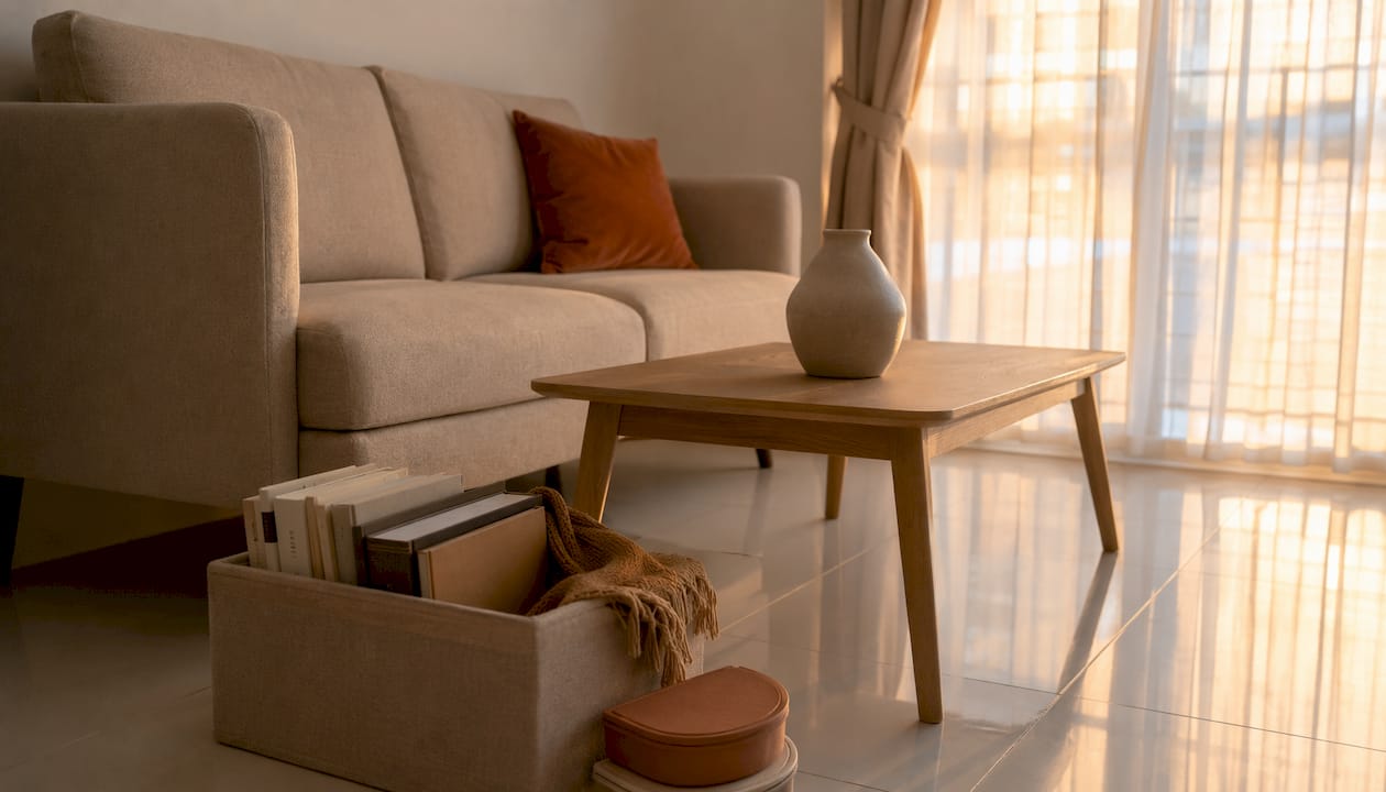 Minimalist living room corner ready for staging