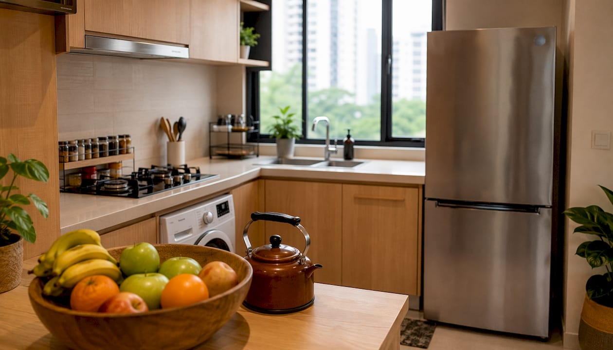Well-equipped kitchen in expat rental unit