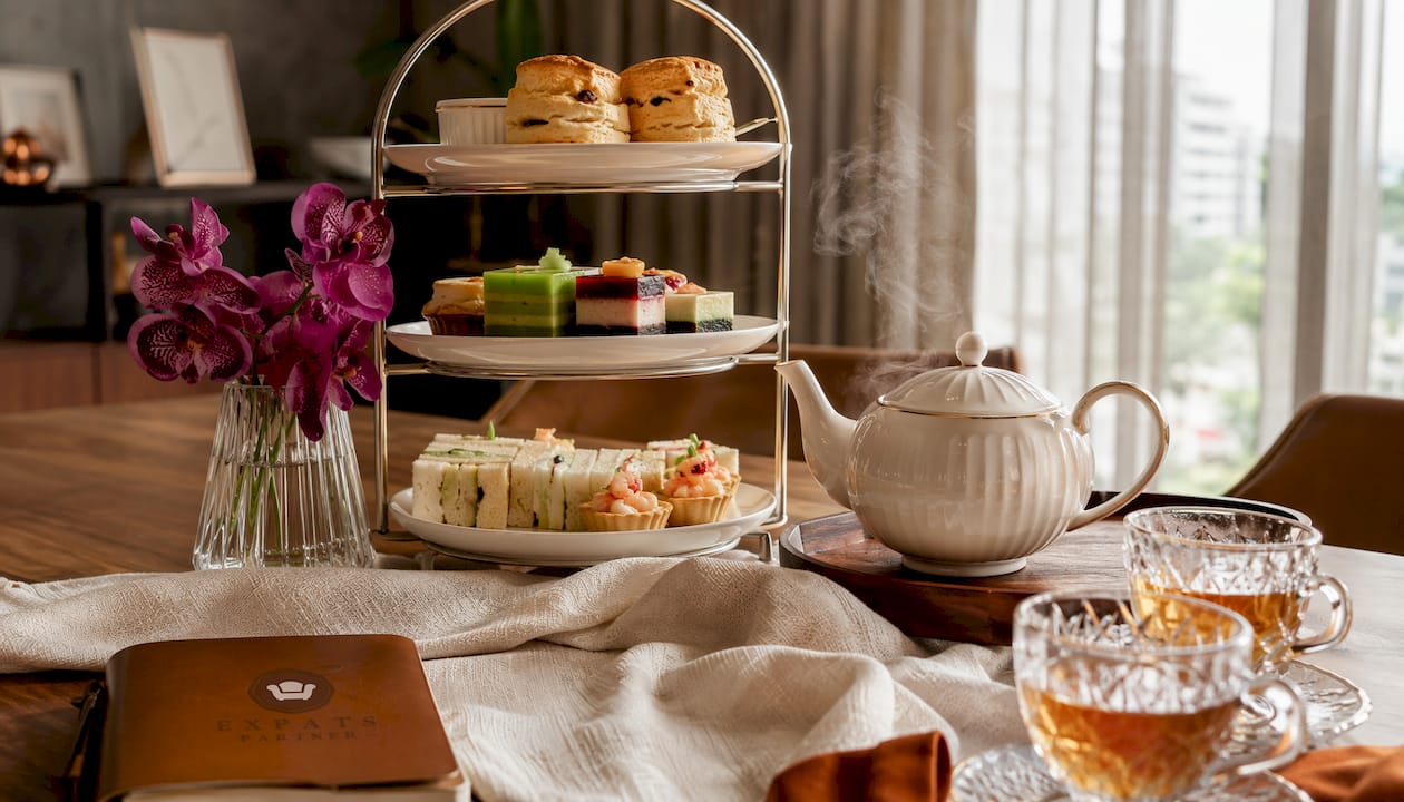 Dining table with high tea in Singapore landed home