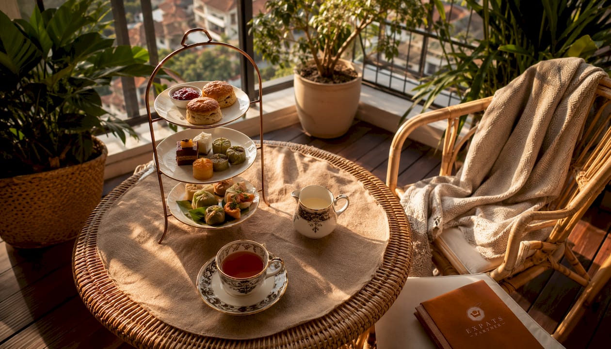 Apartment side table with high tea setup