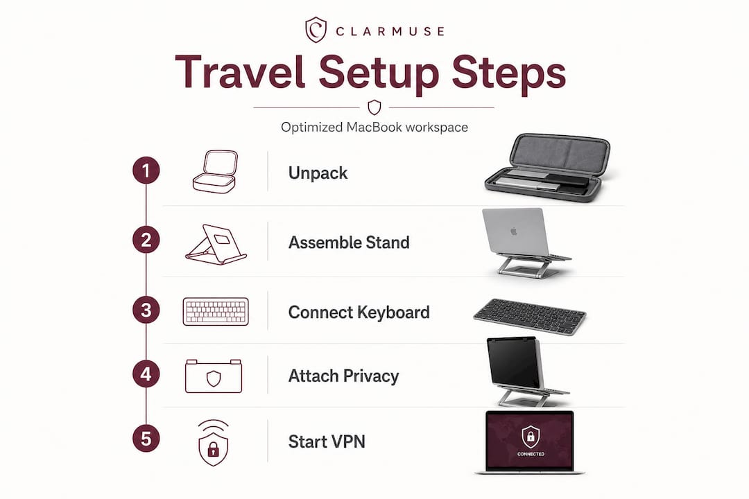 Infografía que muestra los pasos para optimizar la configuración de viaje de MacBook