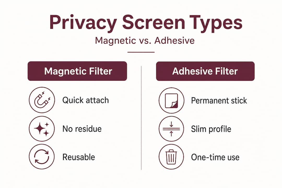 Infografía comparando pantallas de privacidad magnéticas y adhesivas