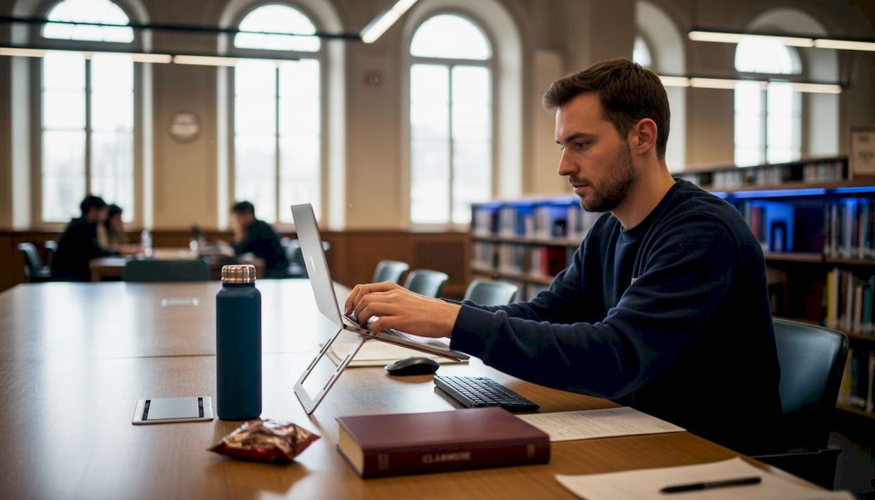 Estudiante usando una configuración ergonómica de MacBook en la biblioteca