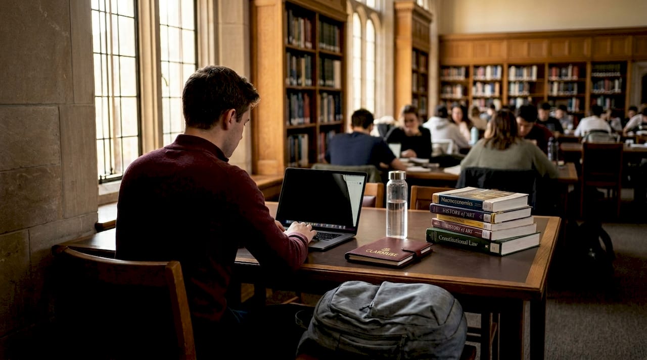Estudiante usa filtro de privacidad en asiento de esquina