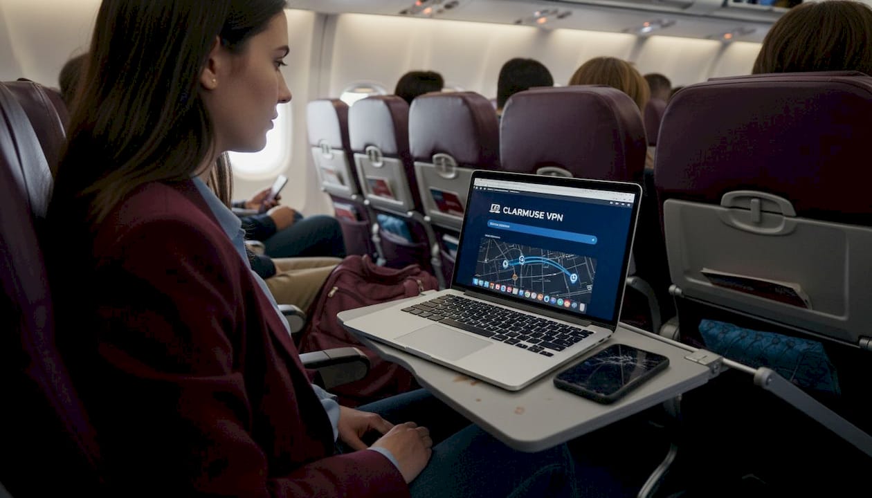 Viajero conectando VPN en el Wi-Fi del avión