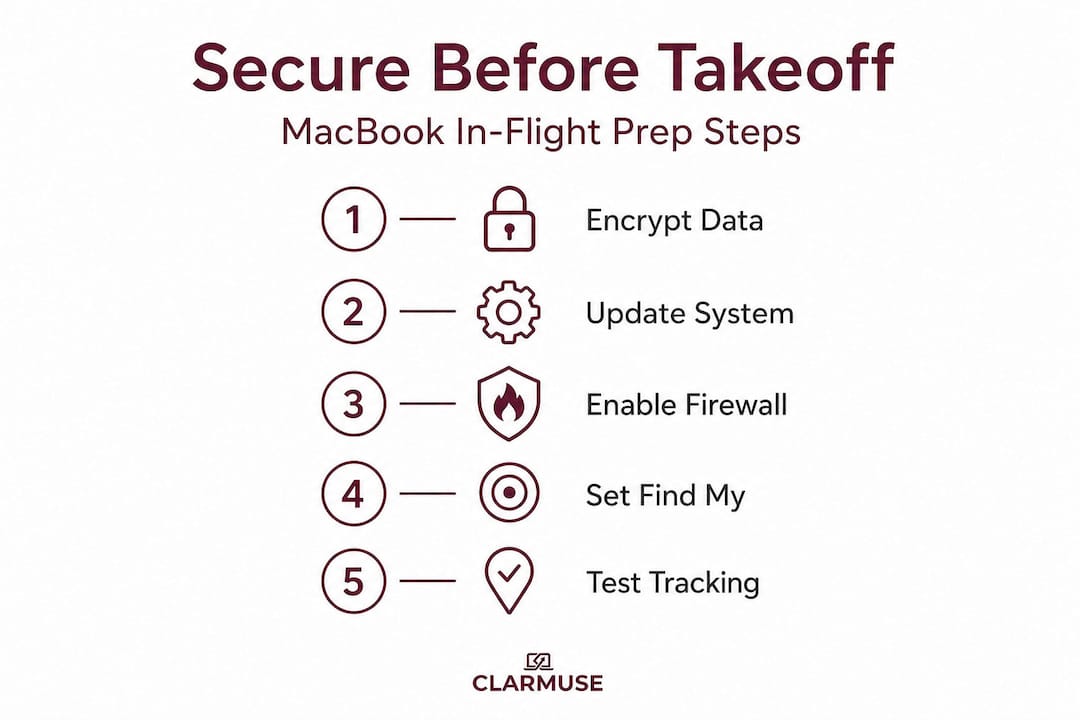 Infografía que muestra los pasos para proteger el MacBook antes de viajar