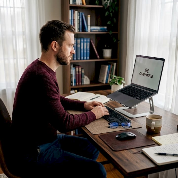 MacBook on portable stand ergonomic cafe workspace