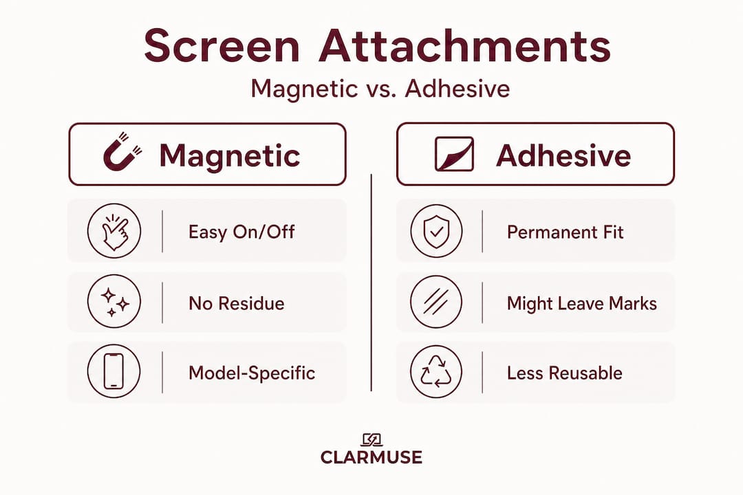 Infographic comparing magnetic and adhesive privacy screen