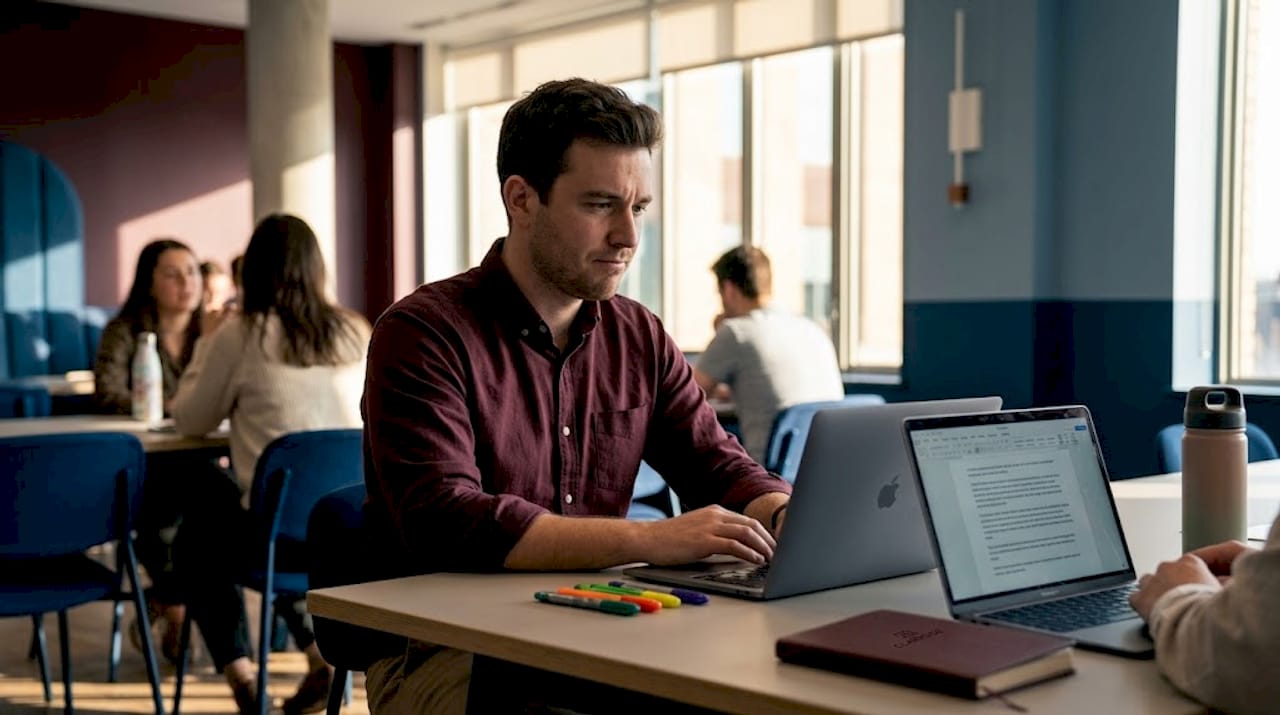 Man at coworking table with exposed laptop