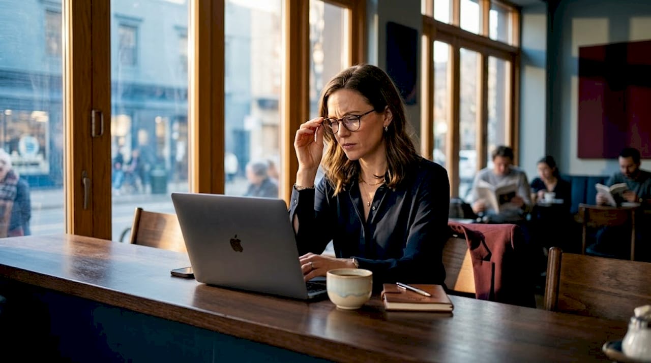 Worker with MacBook shows glare control filter