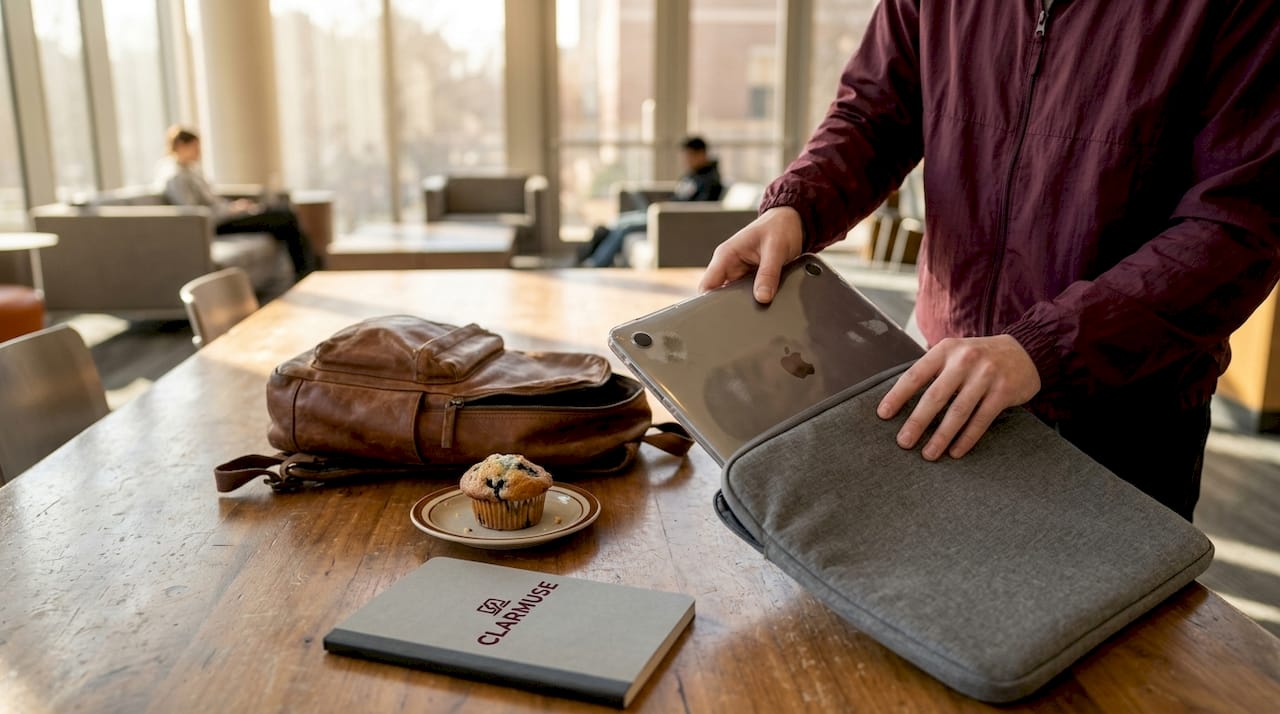 Estudiante colocando MacBook con funda en una funda