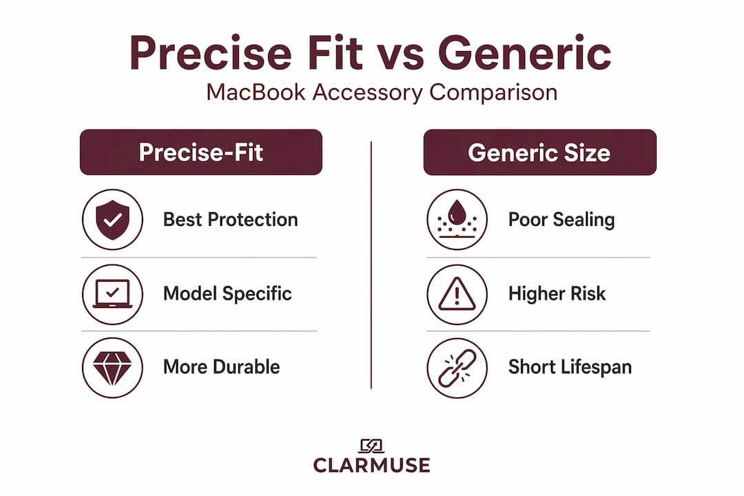 Infografía comparando accesorios de MacBook de ajuste preciso y genéricos