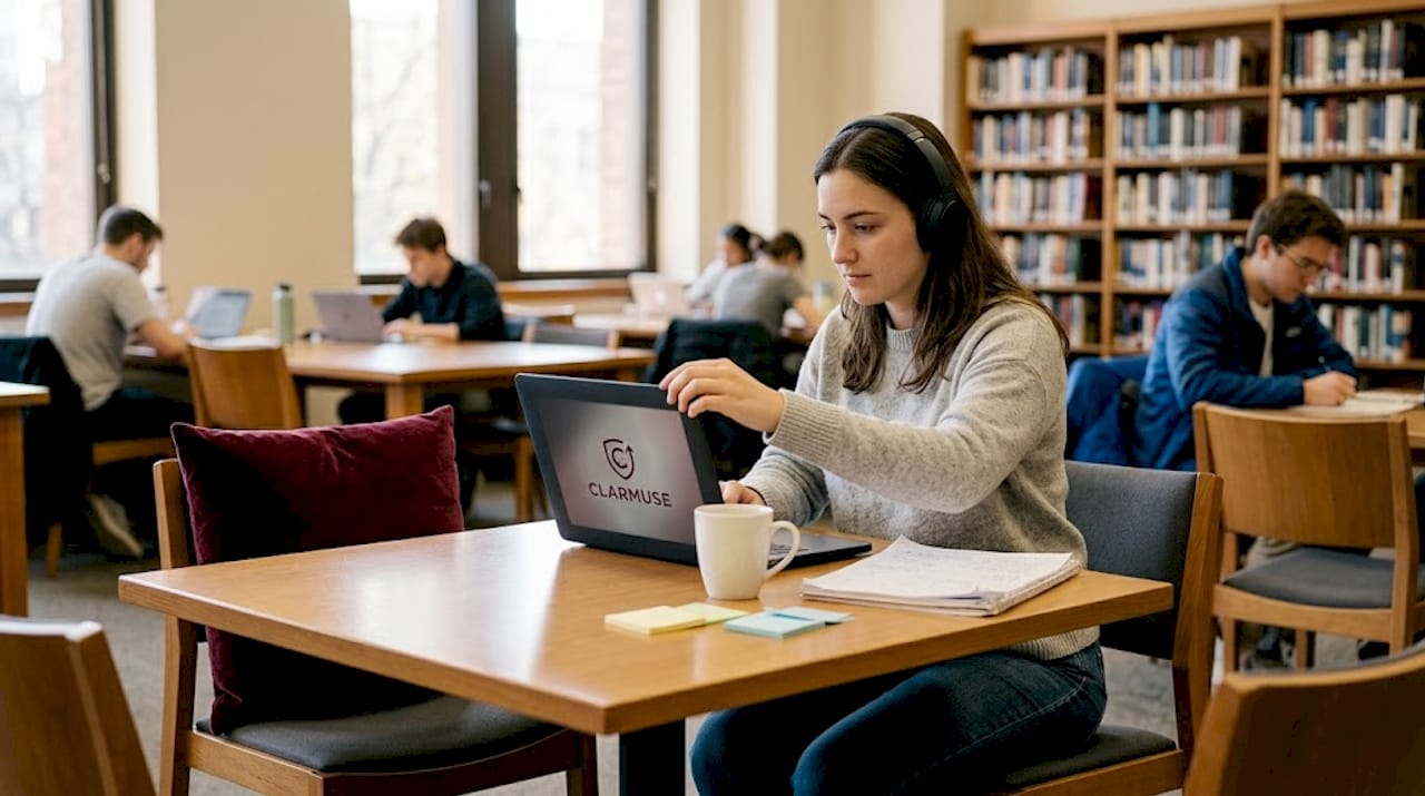 Estudiante posiciona su laptop para bloquear la exposición visual en una cafetería