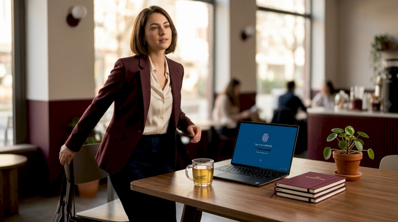 Laptop showing lock screen in coworking space