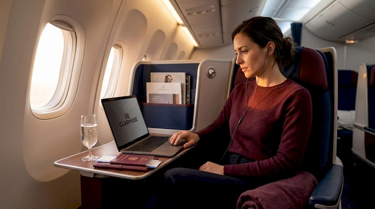 Viajero usando filtro de privacidad en la computadora portátil en vuelo