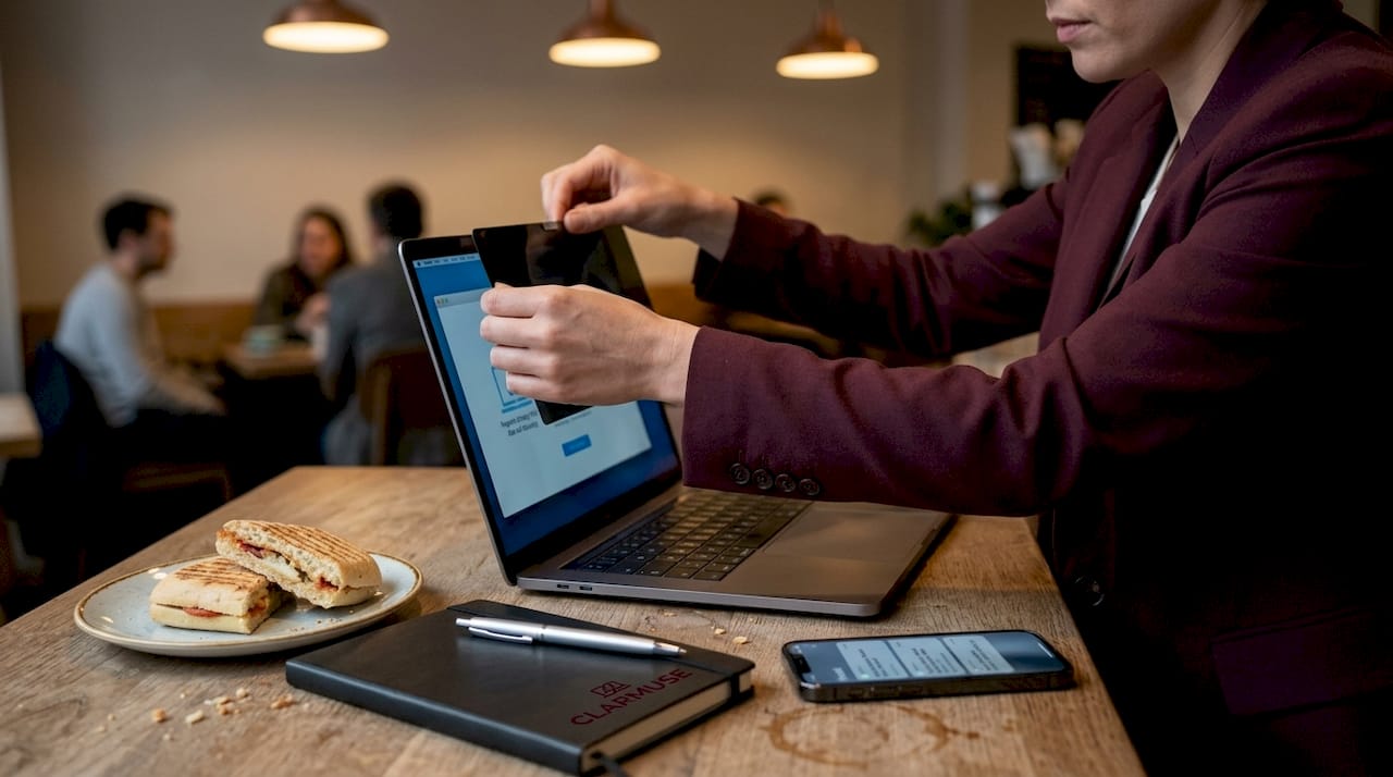 Colocando filtro de privacidad en MacBook en un entorno de coworking