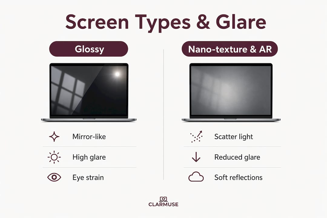 Infographic comparing MacBook screen finishes and glare effects