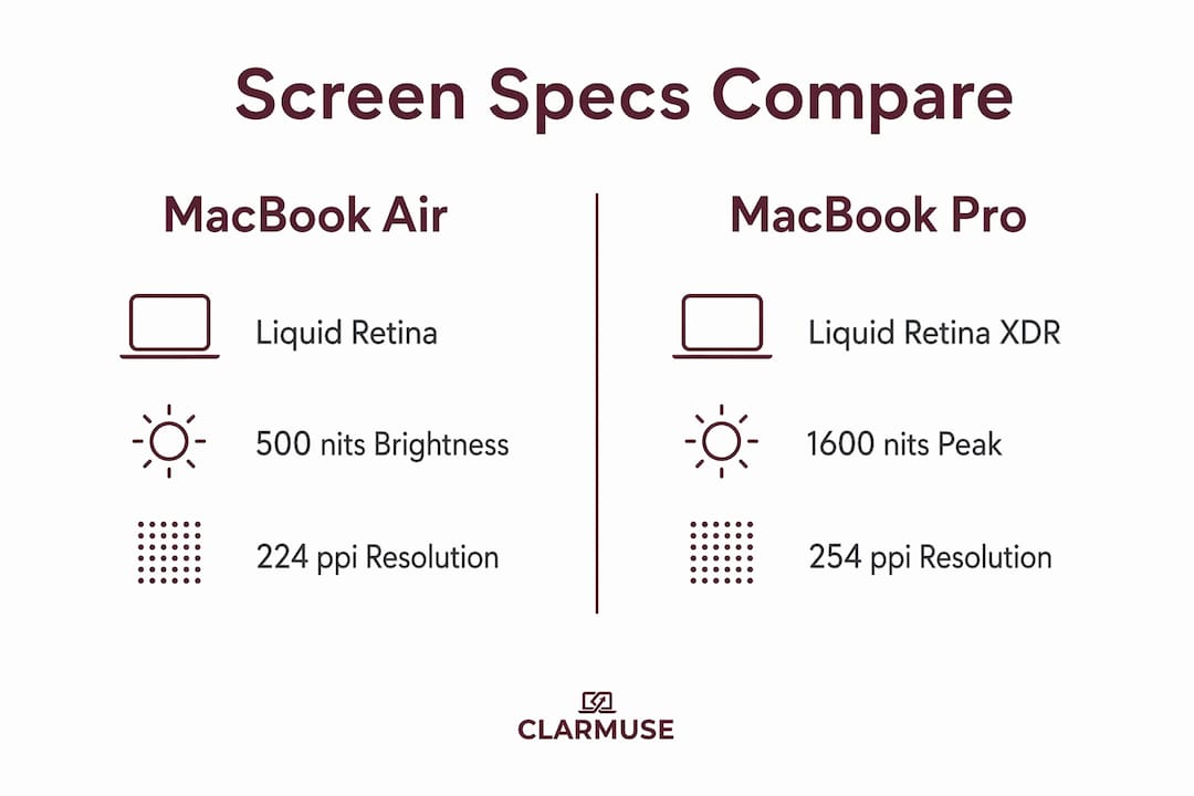 Infografía comparando las especificaciones de pantalla del MacBook Air y Pro