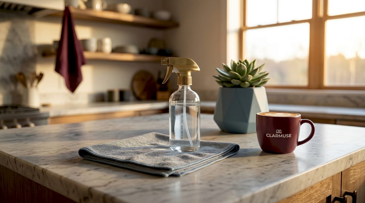 Microfiber cloth and distilled water near MacBook
