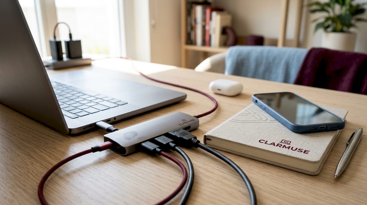 USB-C hub connected to MacBook on wood desk