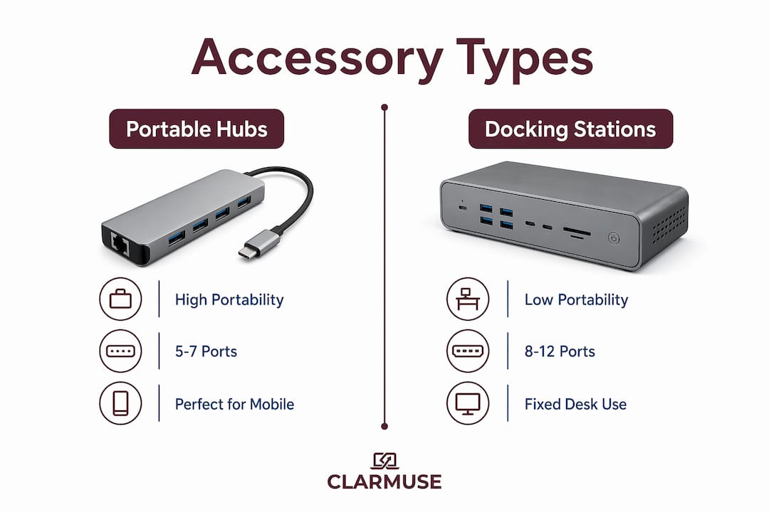 Infographic comparing portable hubs and docking stations