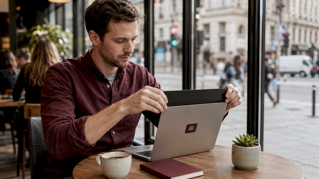 Hands adjusting privacy screen on laptop at coworking space