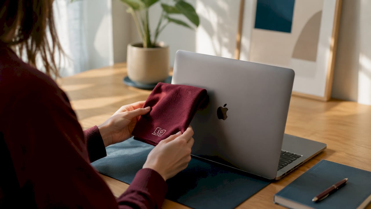 Close-up of hand with microfiber cloth near MacBook