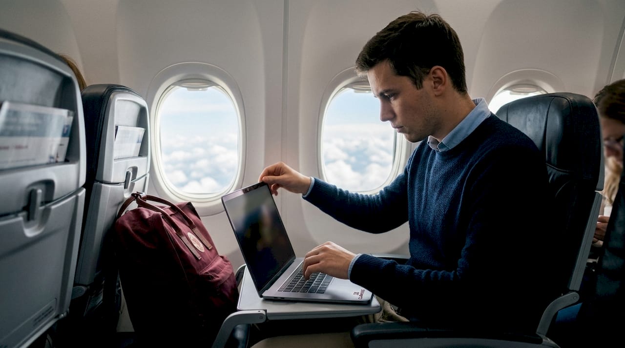 Side view man adjusting MacBook position on plane