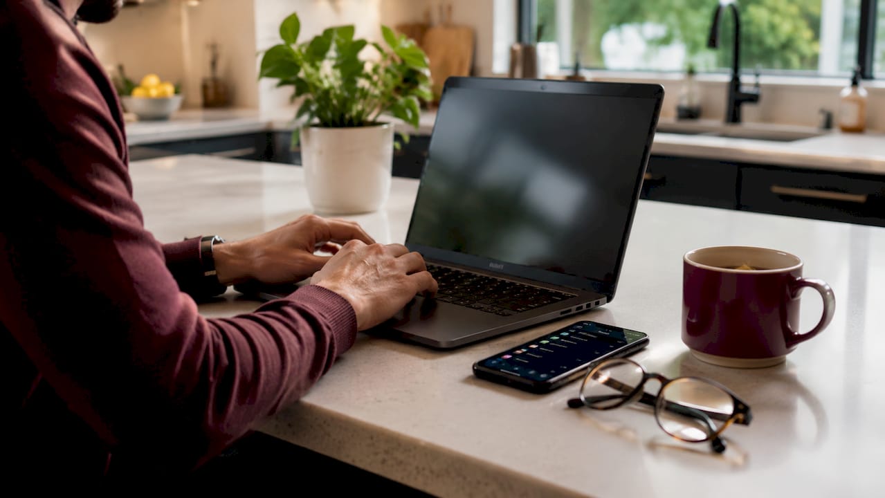 Hands typing on laptop with password manager phone app