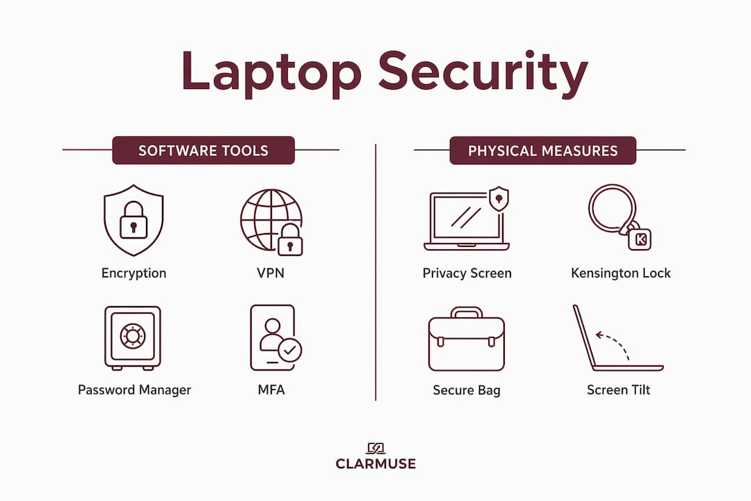 Infografía que compara las medidas de seguridad de software y físicas de los portátiles