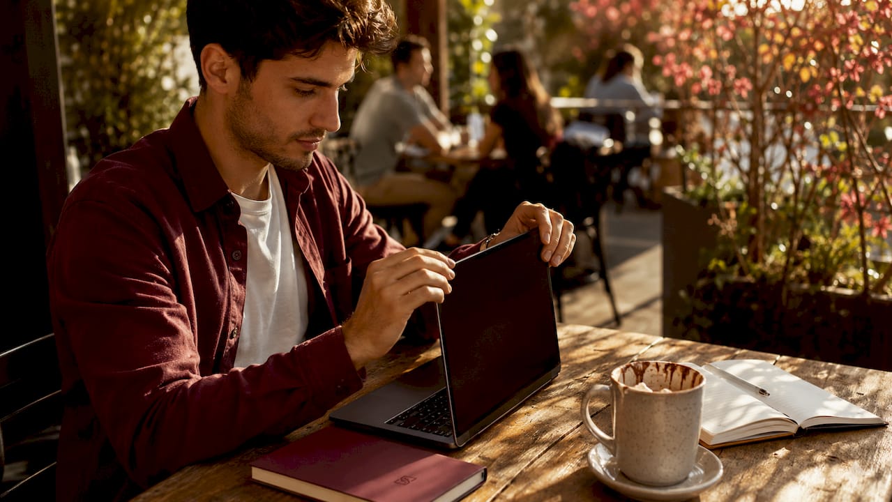Hands adjusting laptop privacy filter in café