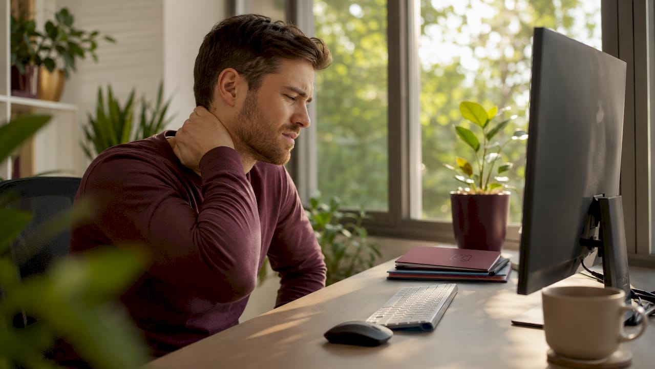 Side profile of man with poor posture from screen glare