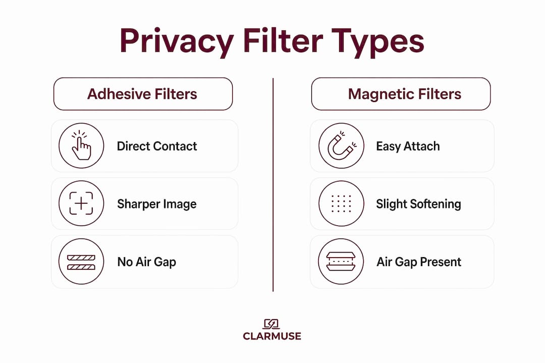 Infographic comparing adhesive and magnetic privacy filters
